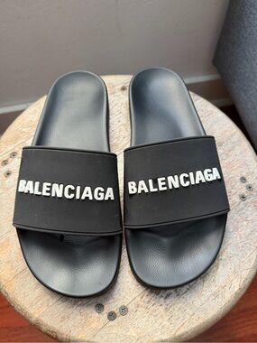 Balenciaga Black Slide Sandals with White Logo